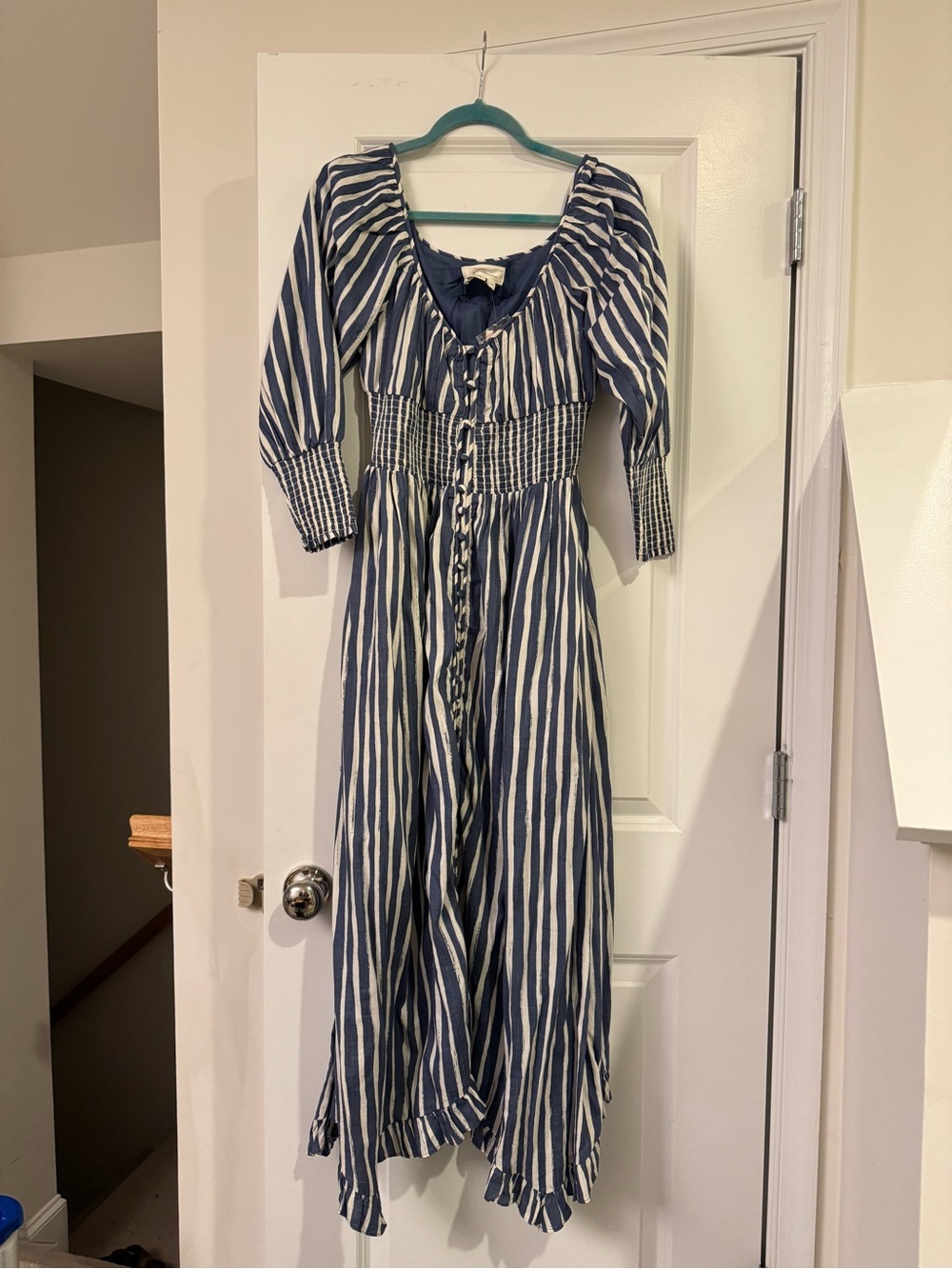 Anthropologie Navy and White Striped Button-Front Maxi Dress - Picture 1 of 6